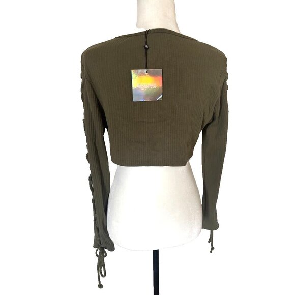 NWT MISSGUIDED Top Size 10 Khaki Green Ribbed Knit Crop Top Cross Lace Detail - Picture 7 of 8